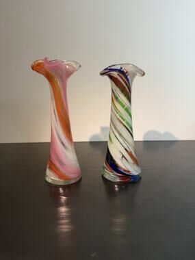 Vintage Swirl Art Glass Bud Vases Set Pair Ruffled Rim Hand Blown Multicolor